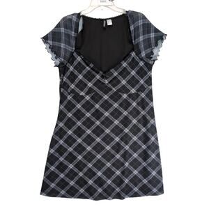 Divided Black Plaid A-Line Dress Sz XL Sheer Overlay Lace Ruffle Trim Whimsigoth